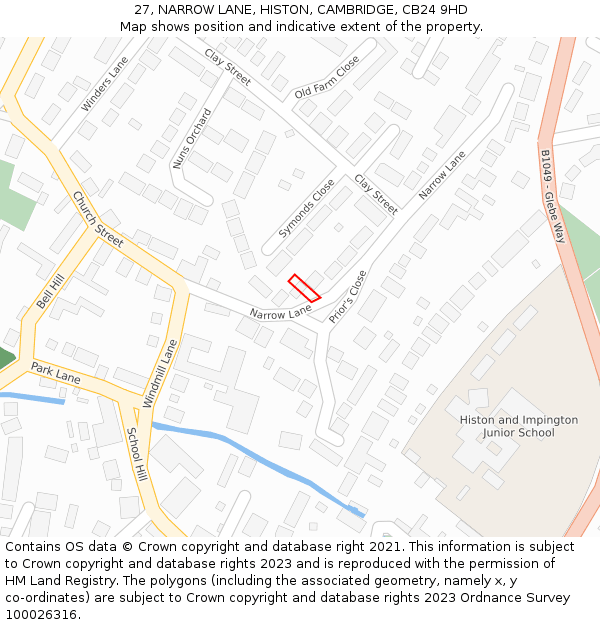 27, NARROW LANE, HISTON, CAMBRIDGE, CB24 9HD: Location map and indicative extent of plot