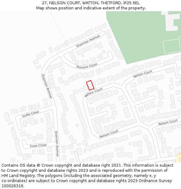 27, NELSON COURT, WATTON, THETFORD, IP25 6EL: Location map and indicative extent of plot