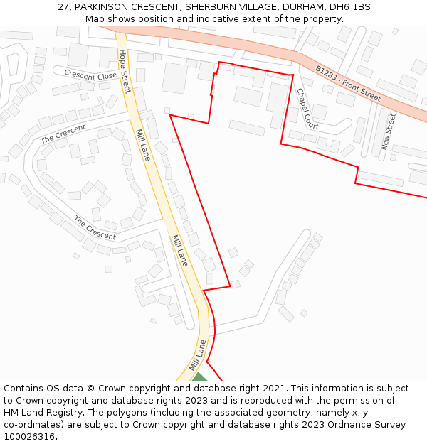 27, PARKINSON CRESCENT, SHERBURN VILLAGE, DURHAM, DH6 1BS: Location map and indicative extent of plot