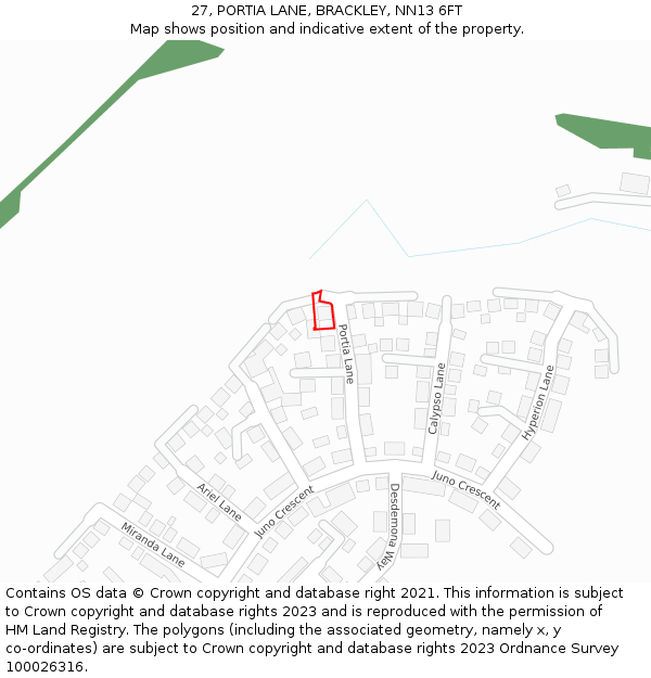 27, PORTIA LANE, BRACKLEY, NN13 6FT: Location map and indicative extent of plot