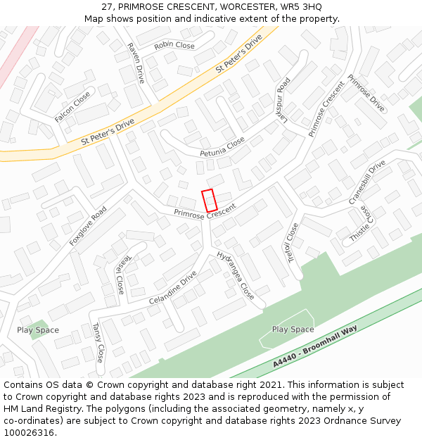 27, PRIMROSE CRESCENT, WORCESTER, WR5 3HQ: Location map and indicative extent of plot