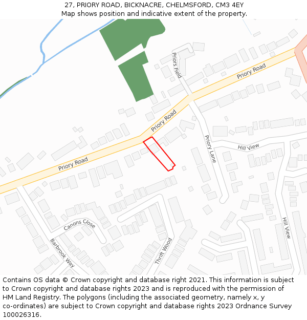 27, PRIORY ROAD, BICKNACRE, CHELMSFORD, CM3 4EY: Location map and indicative extent of plot