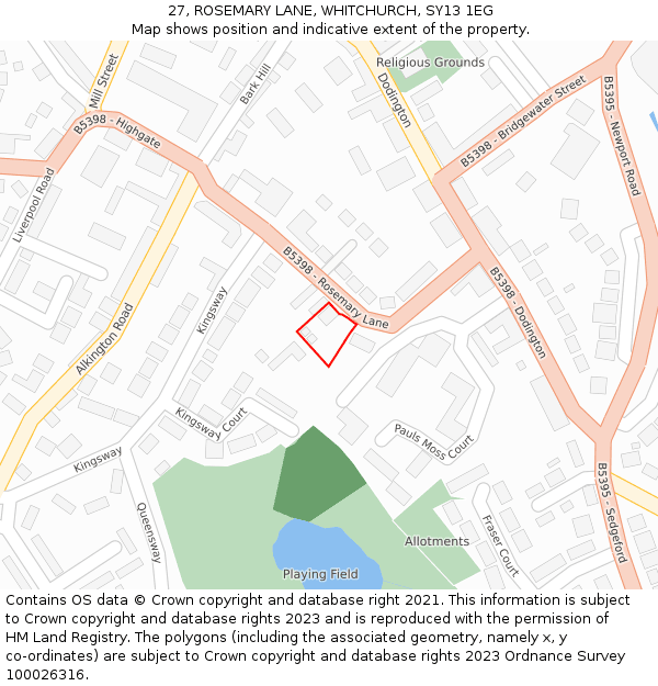 27, ROSEMARY LANE, WHITCHURCH, SY13 1EG: Location map and indicative extent of plot