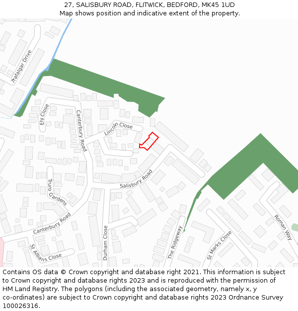 27, SALISBURY ROAD, FLITWICK, BEDFORD, MK45 1UD: Location map and indicative extent of plot