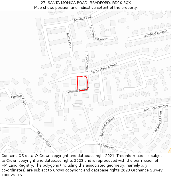 27, SANTA MONICA ROAD, BRADFORD, BD10 8QX: Location map and indicative extent of plot
