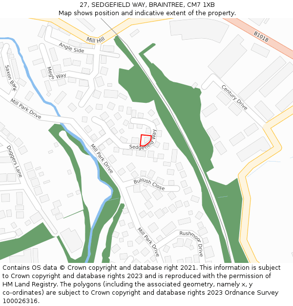 27, SEDGEFIELD WAY, BRAINTREE, CM7 1XB: Location map and indicative extent of plot