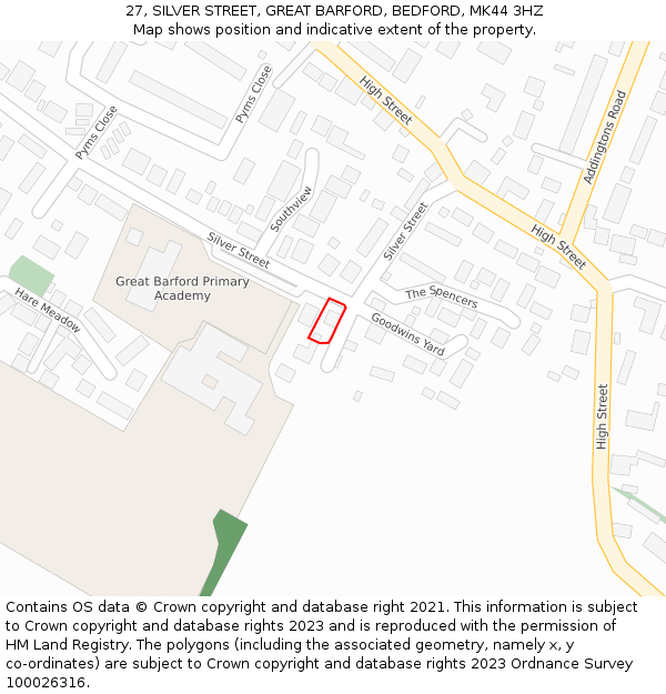 27, SILVER STREET, GREAT BARFORD, BEDFORD, MK44 3HZ: Location map and indicative extent of plot