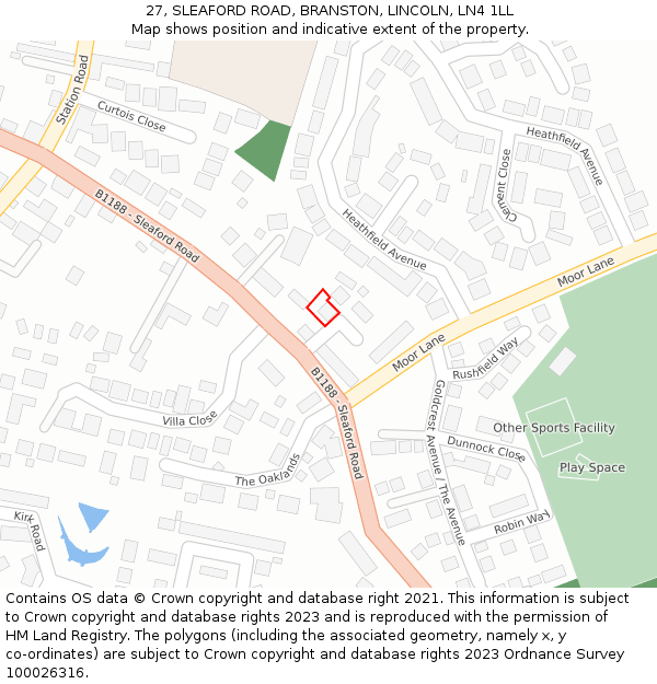 27, SLEAFORD ROAD, BRANSTON, LINCOLN, LN4 1LL: Location map and indicative extent of plot
