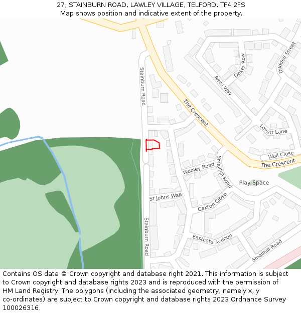 27, STAINBURN ROAD, LAWLEY VILLAGE, TELFORD, TF4 2FS: Location map and indicative extent of plot
