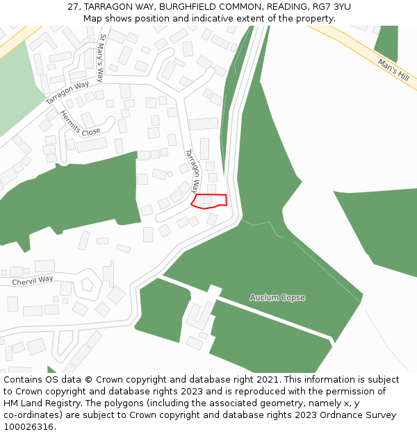 27, TARRAGON WAY, BURGHFIELD COMMON, READING, RG7 3YU: Location map and indicative extent of plot