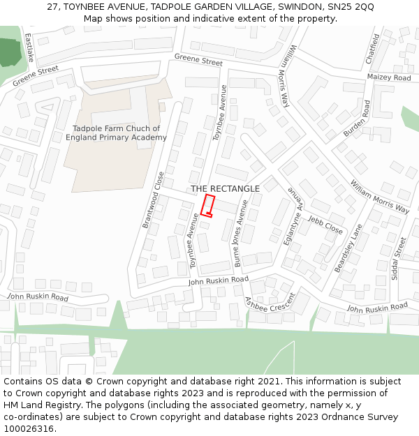 27, TOYNBEE AVENUE, TADPOLE GARDEN VILLAGE, SWINDON, SN25 2QQ: Location map and indicative extent of plot