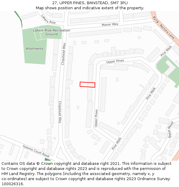 27, UPPER PINES, BANSTEAD, SM7 3PU: Location map and indicative extent of plot