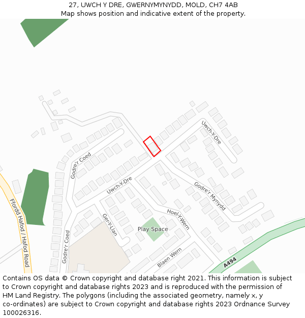 27, UWCH Y DRE, GWERNYMYNYDD, MOLD, CH7 4AB: Location map and indicative extent of plot