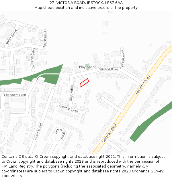 27, VICTORIA ROAD, IBSTOCK, LE67 6AA: Location map and indicative extent of plot