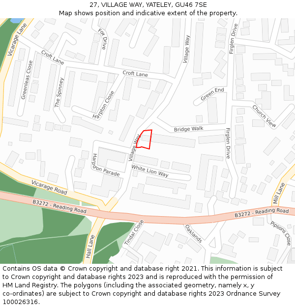 27, VILLAGE WAY, YATELEY, GU46 7SE: Location map and indicative extent of plot