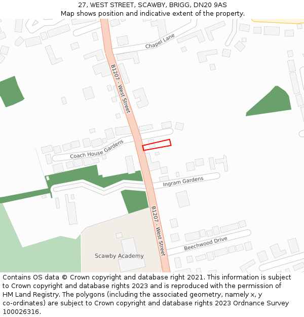 27, WEST STREET, SCAWBY, BRIGG, DN20 9AS: Location map and indicative extent of plot