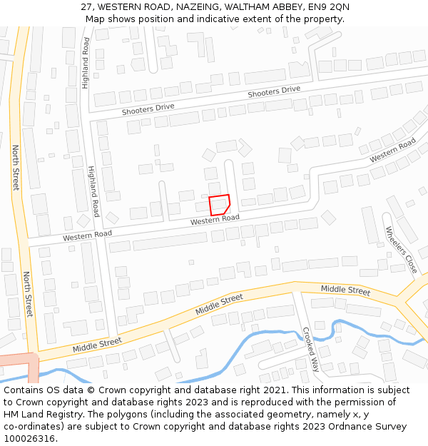 27, WESTERN ROAD, NAZEING, WALTHAM ABBEY, EN9 2QN: Location map and indicative extent of plot