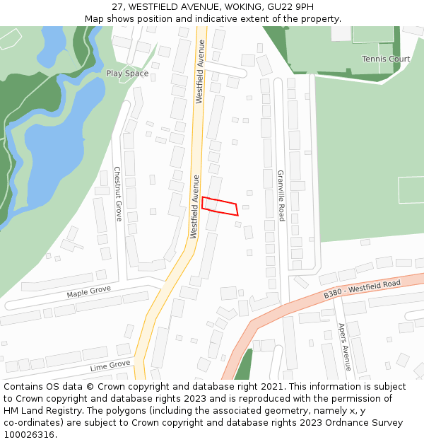 27, WESTFIELD AVENUE, WOKING, GU22 9PH: Location map and indicative extent of plot