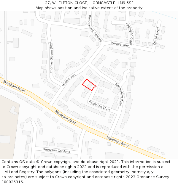 27, WHELPTON CLOSE, HORNCASTLE, LN9 6SF: Location map and indicative extent of plot