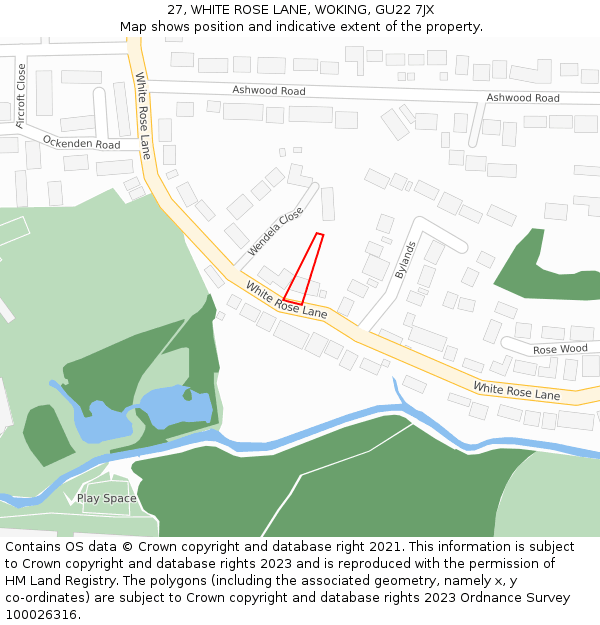 27, WHITE ROSE LANE, WOKING, GU22 7JX: Location map and indicative extent of plot