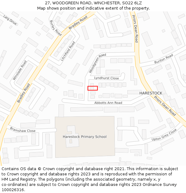 27, WOODGREEN ROAD, WINCHESTER, SO22 6LZ: Location map and indicative extent of plot