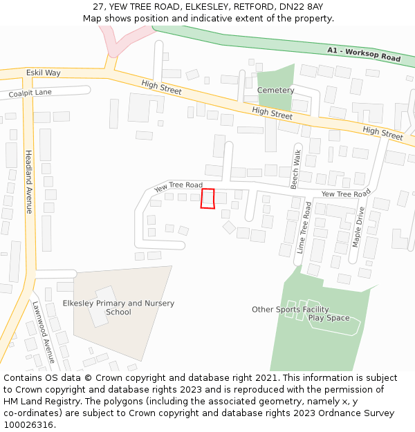 27, YEW TREE ROAD, ELKESLEY, RETFORD, DN22 8AY: Location map and indicative extent of plot