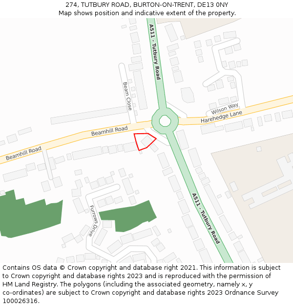 274, TUTBURY ROAD, BURTON-ON-TRENT, DE13 0NY: Location map and indicative extent of plot