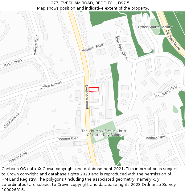 277, EVESHAM ROAD, REDDITCH, B97 5HL: Location map and indicative extent of plot