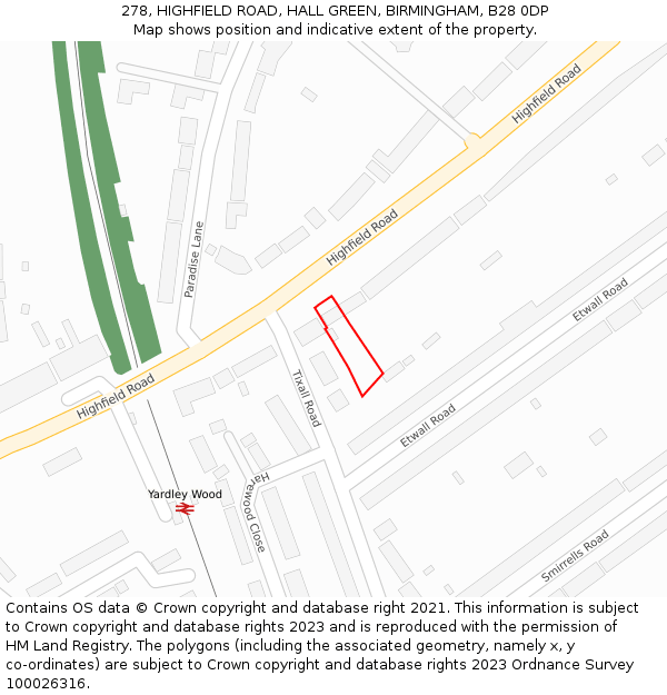 278, HIGHFIELD ROAD, HALL GREEN, BIRMINGHAM, B28 0DP: Location map and indicative extent of plot