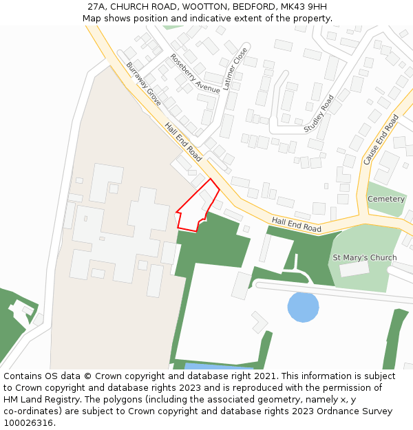 27A, CHURCH ROAD, WOOTTON, BEDFORD, MK43 9HH: Location map and indicative extent of plot