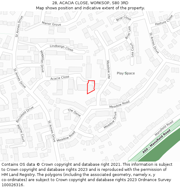 28, ACACIA CLOSE, WORKSOP, S80 3RD: Location map and indicative extent of plot