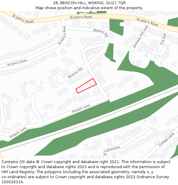 28, BEACON HILL, WOKING, GU21 7QR: Location map and indicative extent of plot