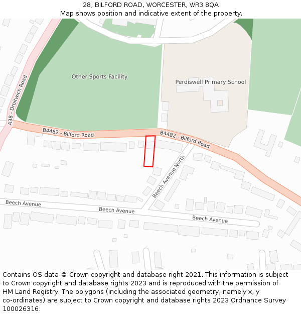 28, BILFORD ROAD, WORCESTER, WR3 8QA: Location map and indicative extent of plot