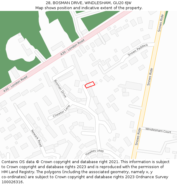 28, BOSMAN DRIVE, WINDLESHAM, GU20 6JW: Location map and indicative extent of plot