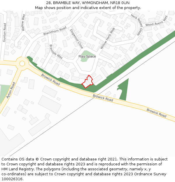 28, BRAMBLE WAY, WYMONDHAM, NR18 0UN: Location map and indicative extent of plot