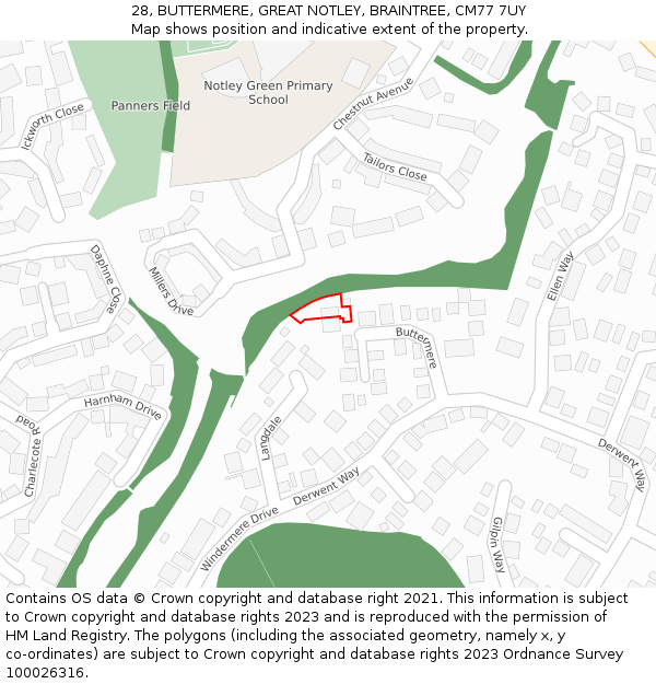 28, BUTTERMERE, GREAT NOTLEY, BRAINTREE, CM77 7UY: Location map and indicative extent of plot