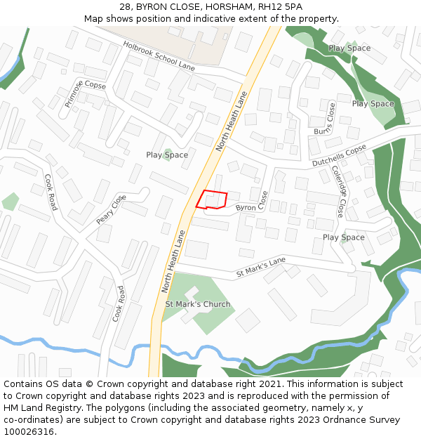 28, BYRON CLOSE, HORSHAM, RH12 5PA: Location map and indicative extent of plot