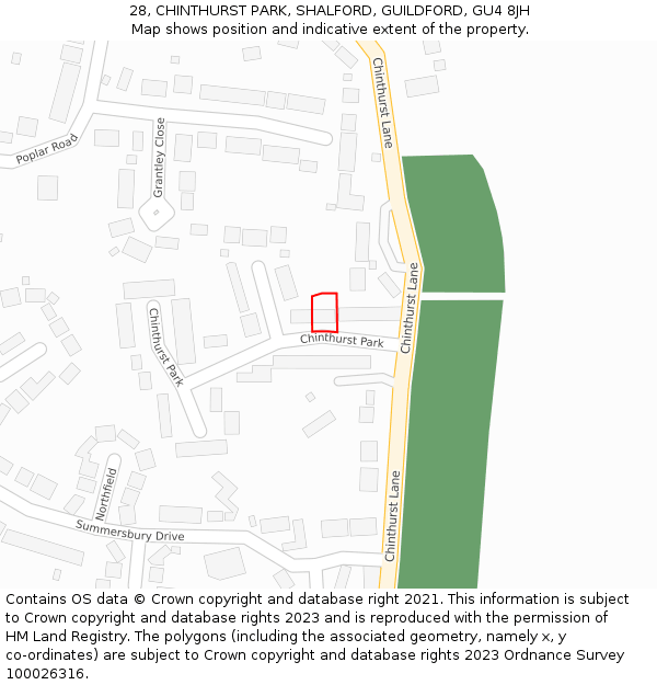 28, CHINTHURST PARK, SHALFORD, GUILDFORD, GU4 8JH: Location map and indicative extent of plot