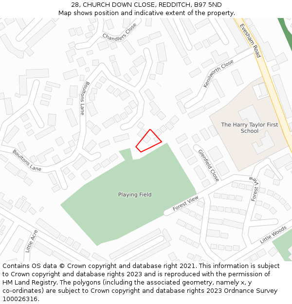 28, CHURCH DOWN CLOSE, REDDITCH, B97 5ND: Location map and indicative extent of plot