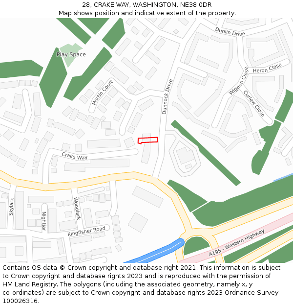 28, CRAKE WAY, WASHINGTON, NE38 0DR: Location map and indicative extent of plot