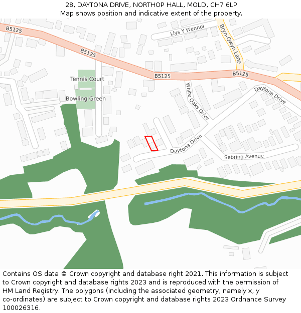 28, DAYTONA DRIVE, NORTHOP HALL, MOLD, CH7 6LP: Location map and indicative extent of plot