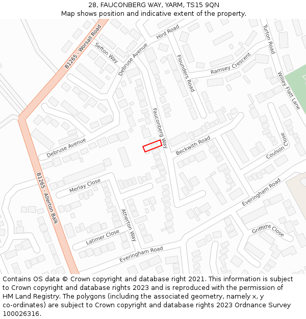 28, FAUCONBERG WAY, YARM, TS15 9QN: Location map and indicative extent of plot