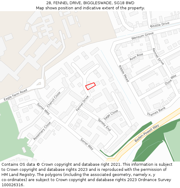 28, FENNEL DRIVE, BIGGLESWADE, SG18 8WD: Location map and indicative extent of plot