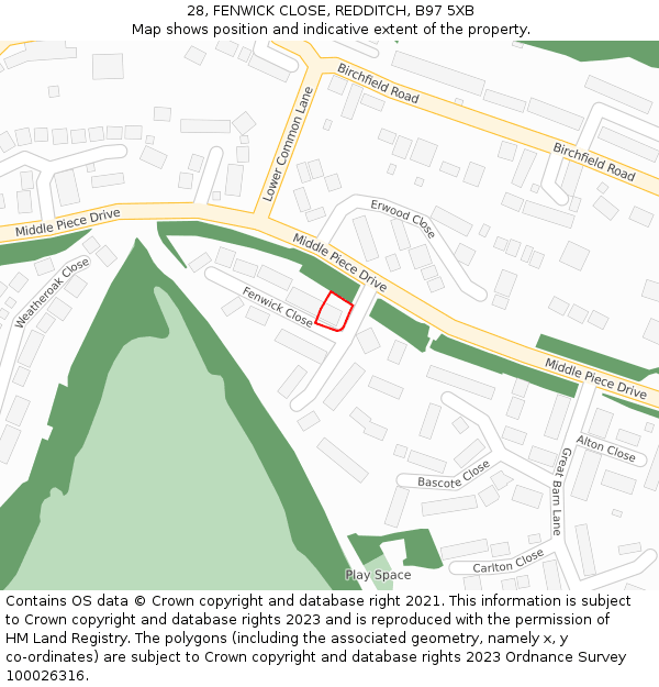 28, FENWICK CLOSE, REDDITCH, B97 5XB: Location map and indicative extent of plot