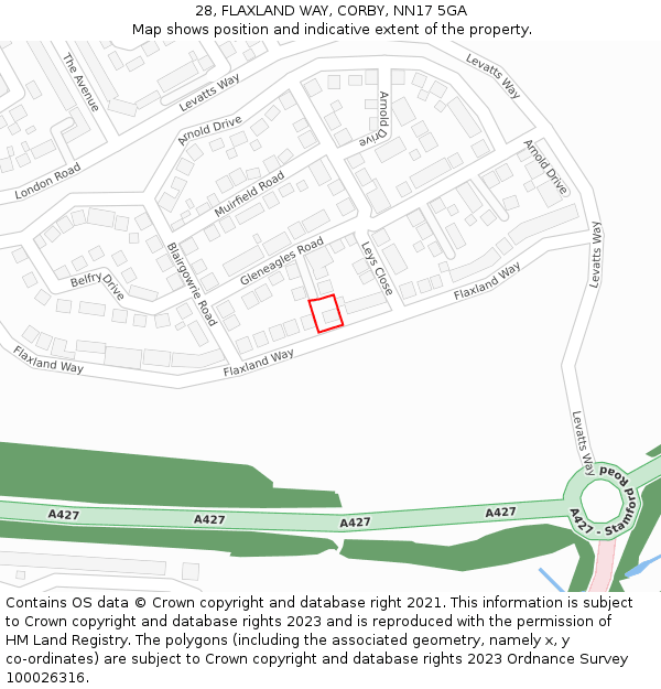 28, FLAXLAND WAY, CORBY, NN17 5GA: Location map and indicative extent of plot