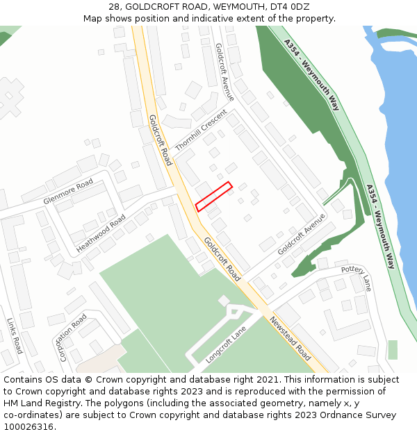 28, GOLDCROFT ROAD, WEYMOUTH, DT4 0DZ: Location map and indicative extent of plot