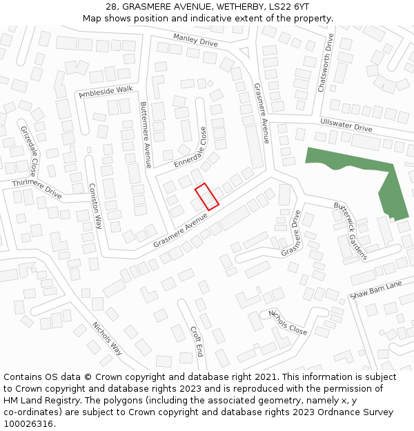 28, GRASMERE AVENUE, WETHERBY, LS22 6YT: Location map and indicative extent of plot