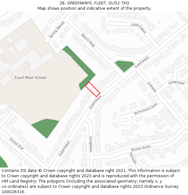 28, GREENWAYS, FLEET, GU52 7XG: Location map and indicative extent of plot