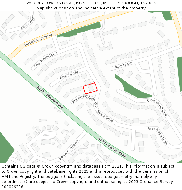 28, GREY TOWERS DRIVE, NUNTHORPE, MIDDLESBROUGH, TS7 0LS: Location map and indicative extent of plot