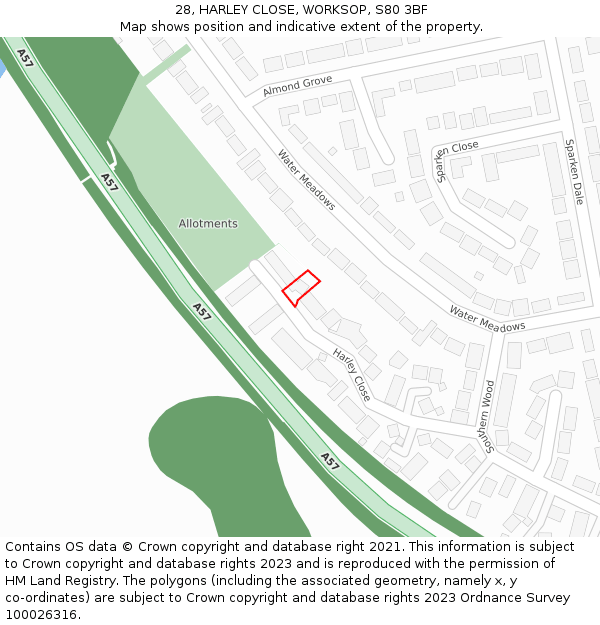 28, HARLEY CLOSE, WORKSOP, S80 3BF: Location map and indicative extent of plot